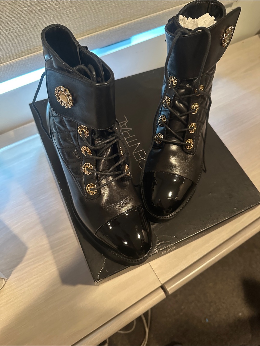 Quilted Black Lace-Up Ankle Boots with Gold Hardware